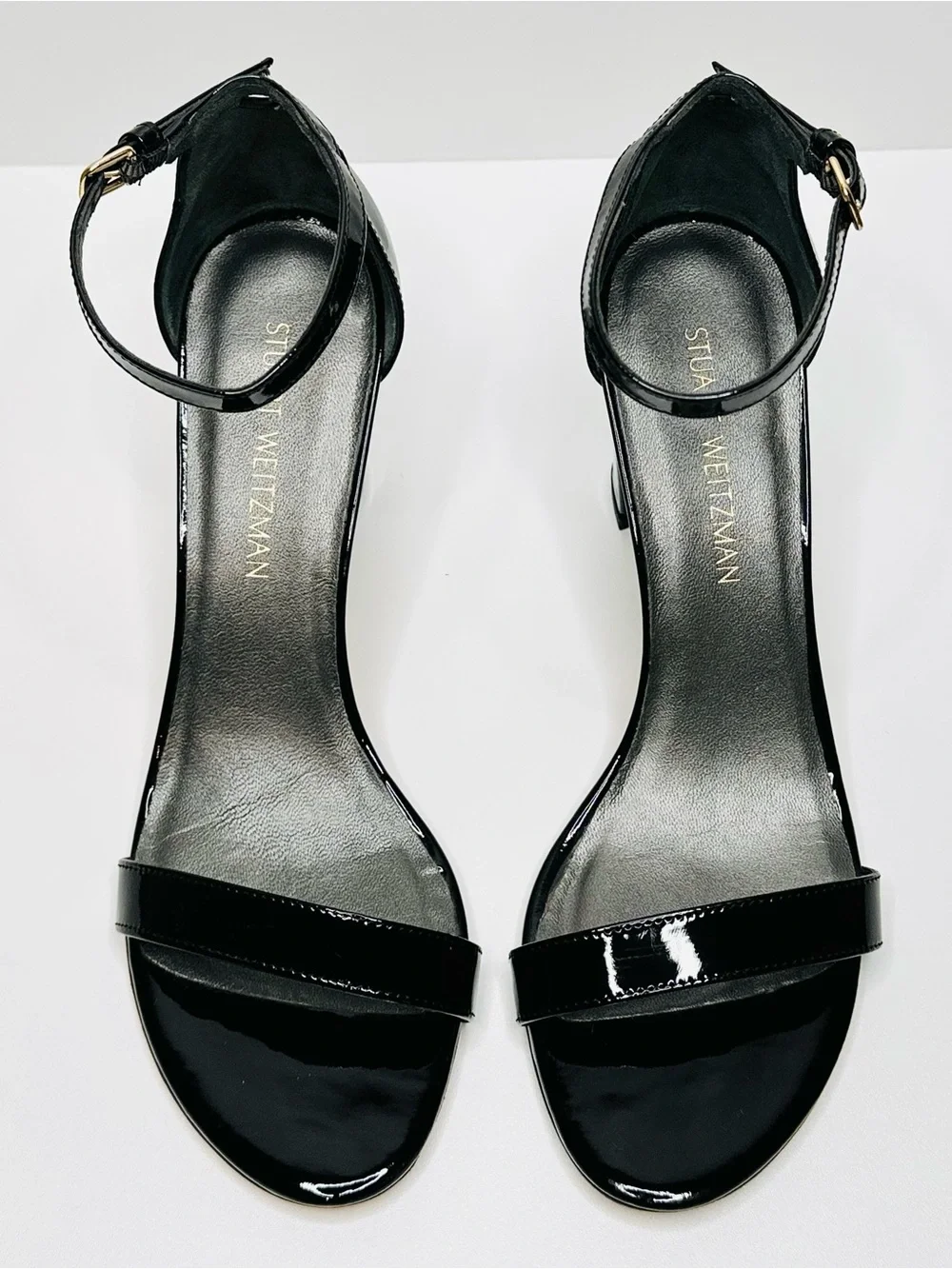 Stuart Weitzman Black Patent Leather Nudist Curve Ankle-Strap Heels Shoes Sandal